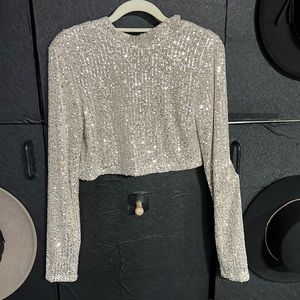 Dazzling Beauty Silver Sequin Long Sleeve Mock Neck Crop Top